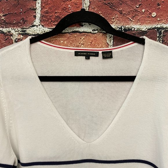 Jeanne Pierre Women's Light Sweater Size Large L V-Neck Striped White 3/4 Sleeve - Picture 3 of 7